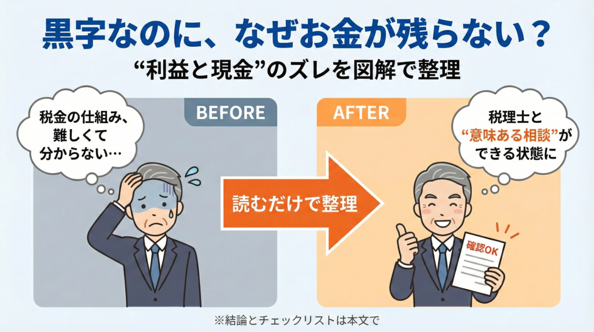 黒字なのにお金が残らない原因を「利益と現金のズレ」で示す図