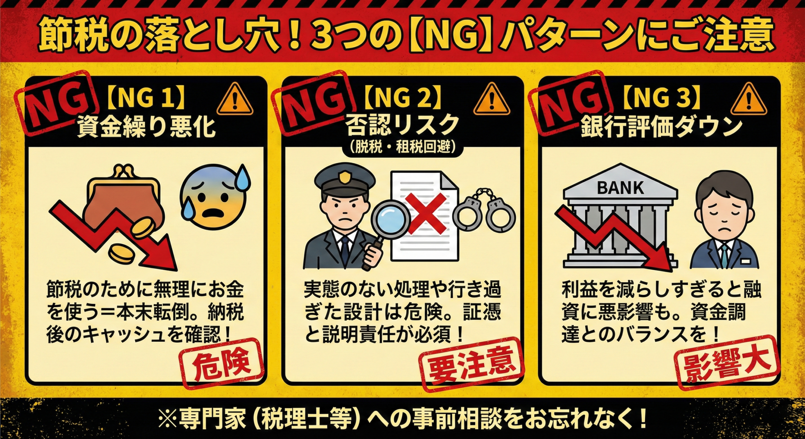 節税の落とし穴3つ（資金繰り悪化・否認リスク・銀行評価低下）を示す図