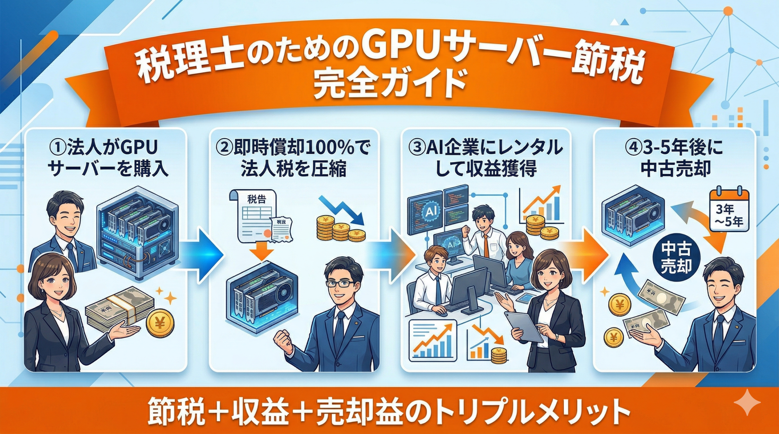 GPUサーバー節税の仕組み全体図｜購入・即時償却・レンタル収益の流れ