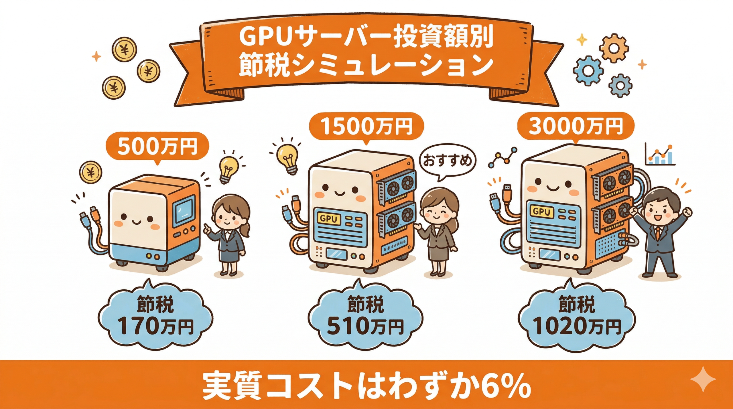 GPUサーバー投資額別の節税シミュレーション｜500万・1500万・3000万円