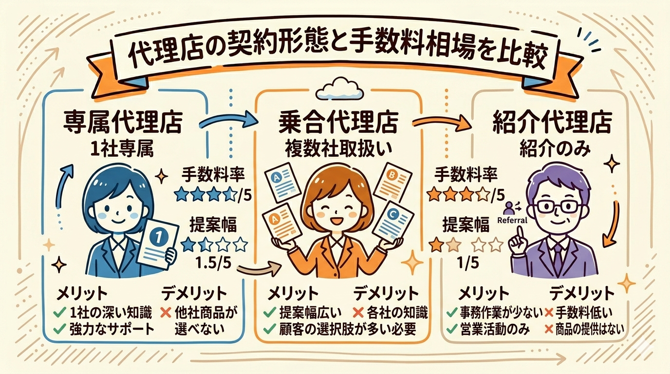 代理店の契約形態と手数料相場を比較 - 専属・乗合・業務委託