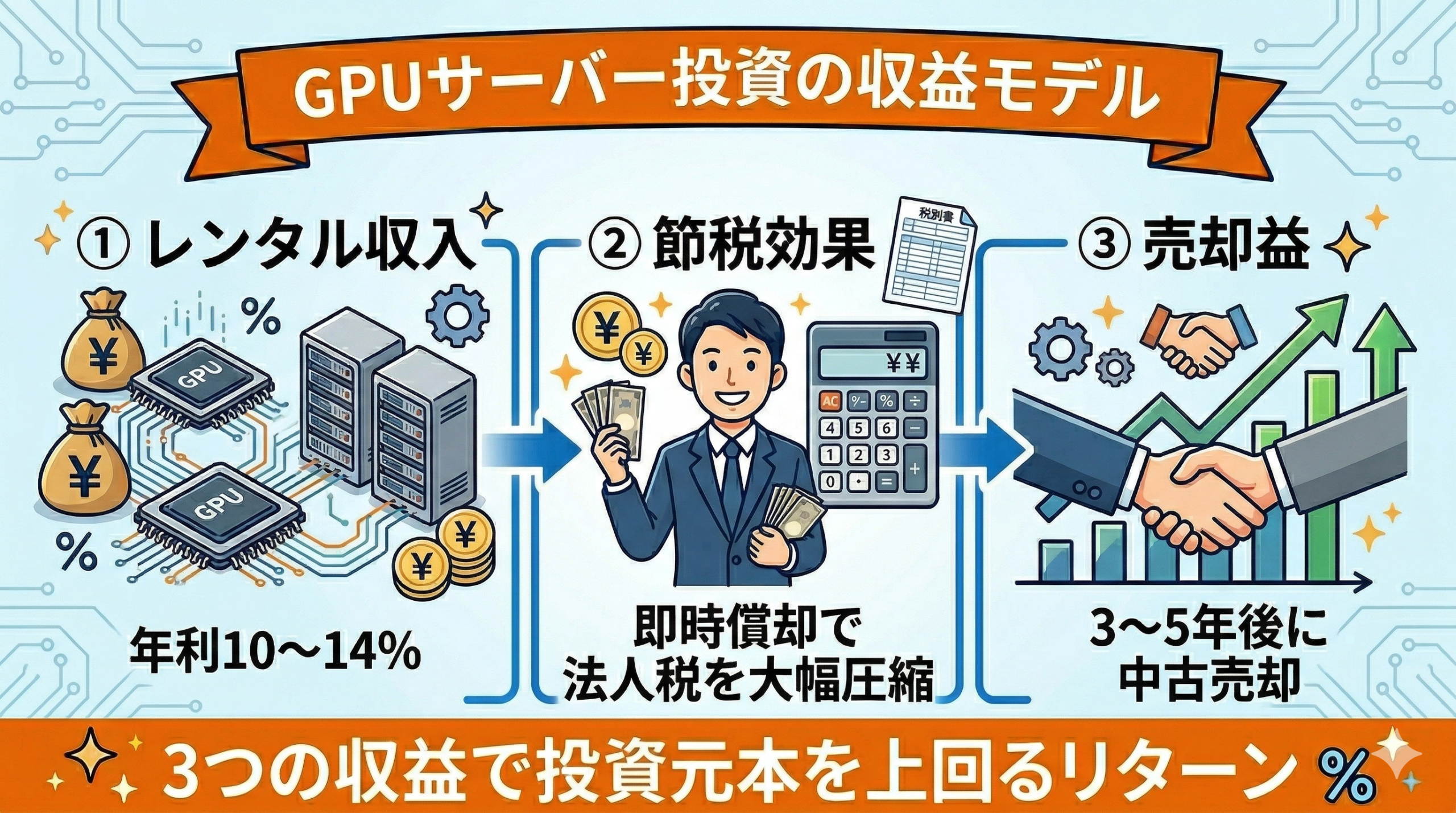 GPUサーバー投資の収益モデル|レンタル収入・節税効果・売却益の3つの収益源