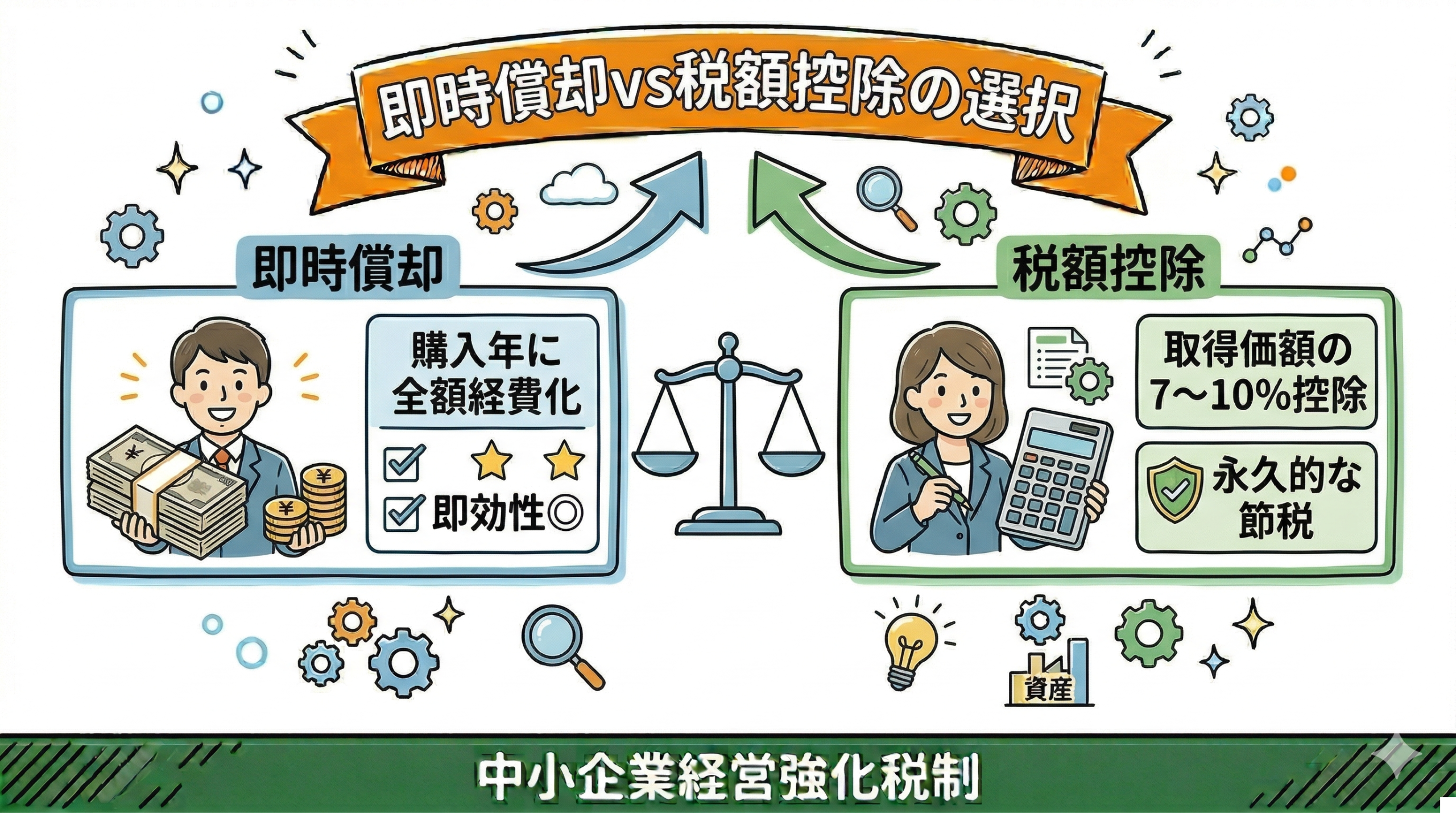 即時償却と税額控除の条件別比較:利益が大きい場合と安定している場合のメリット比較