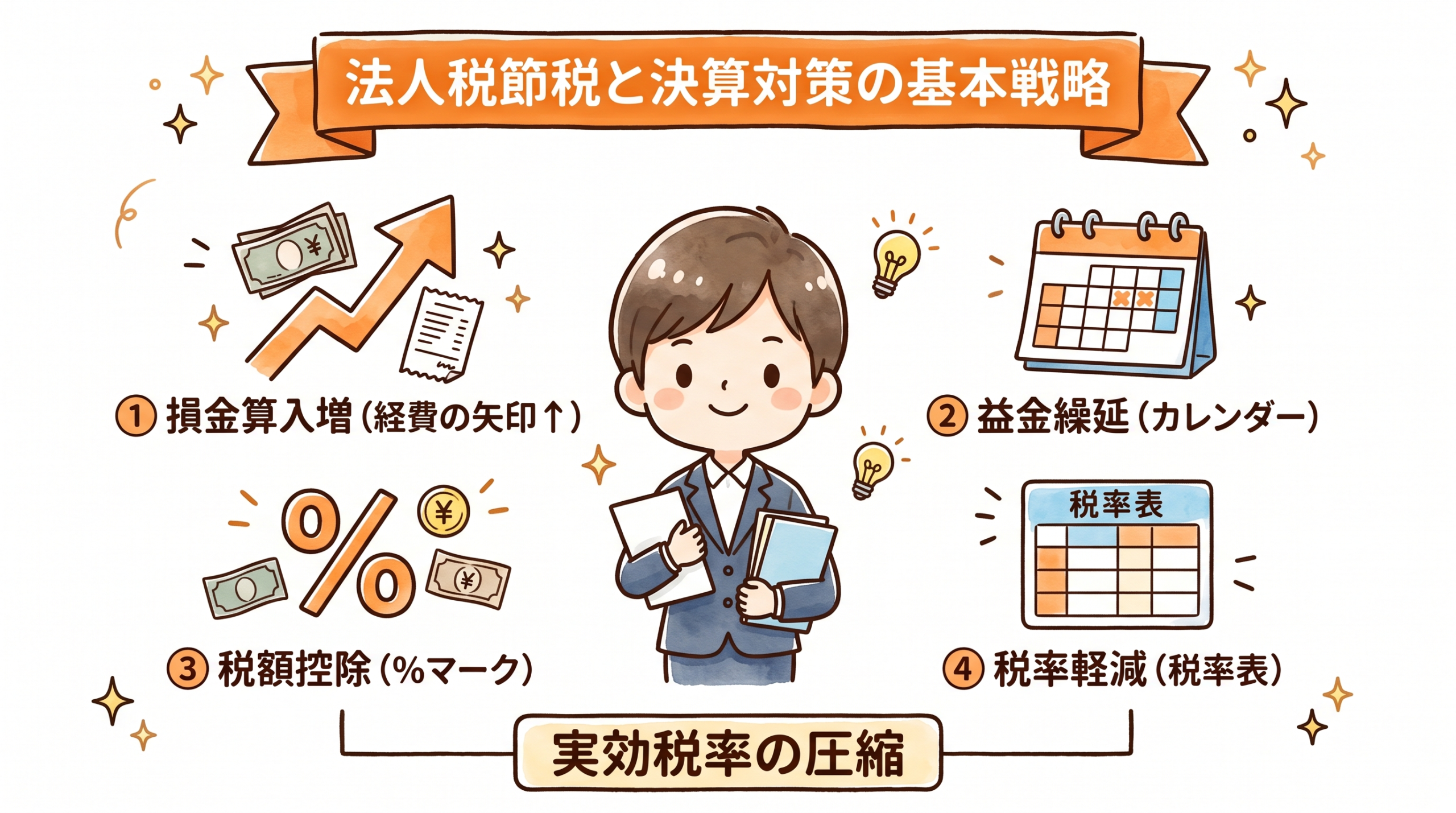 法人税節税と決算対策の基本戦略の要点を整理した図