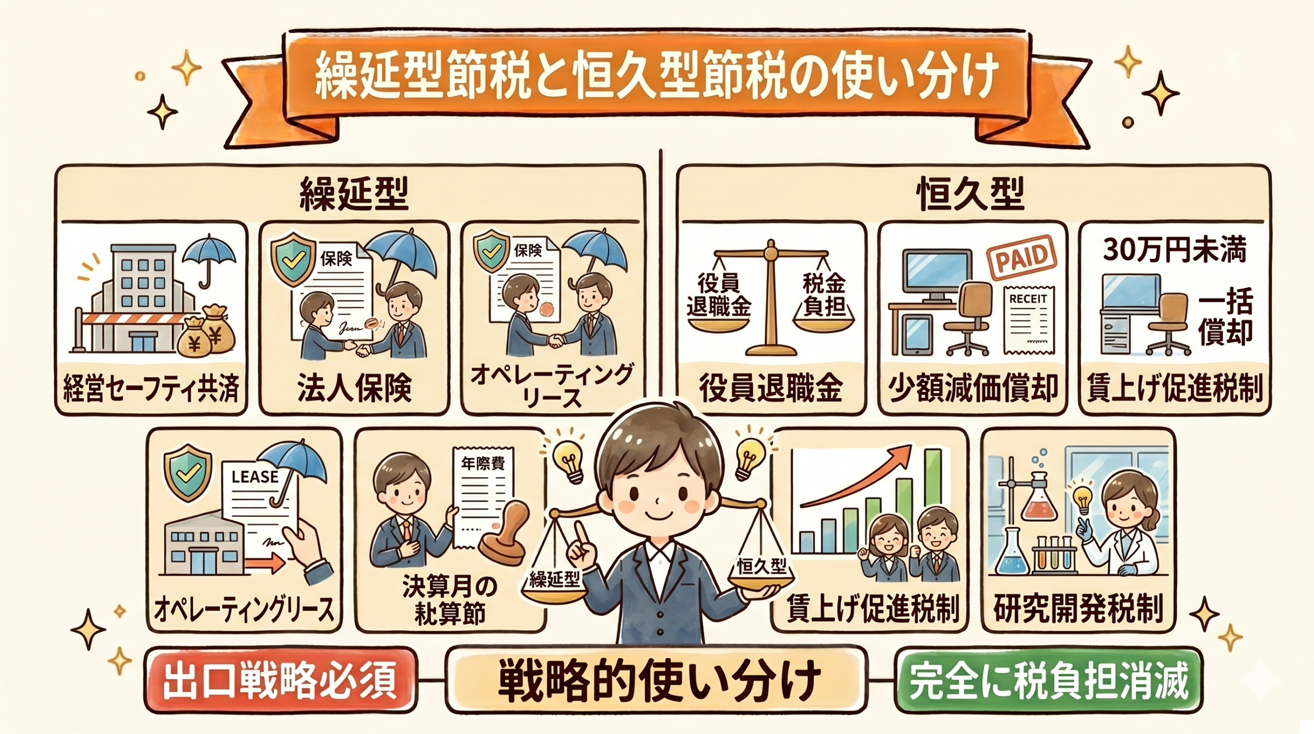 繰延型節税と恒久型節税の使い分けの要点を整理した図
