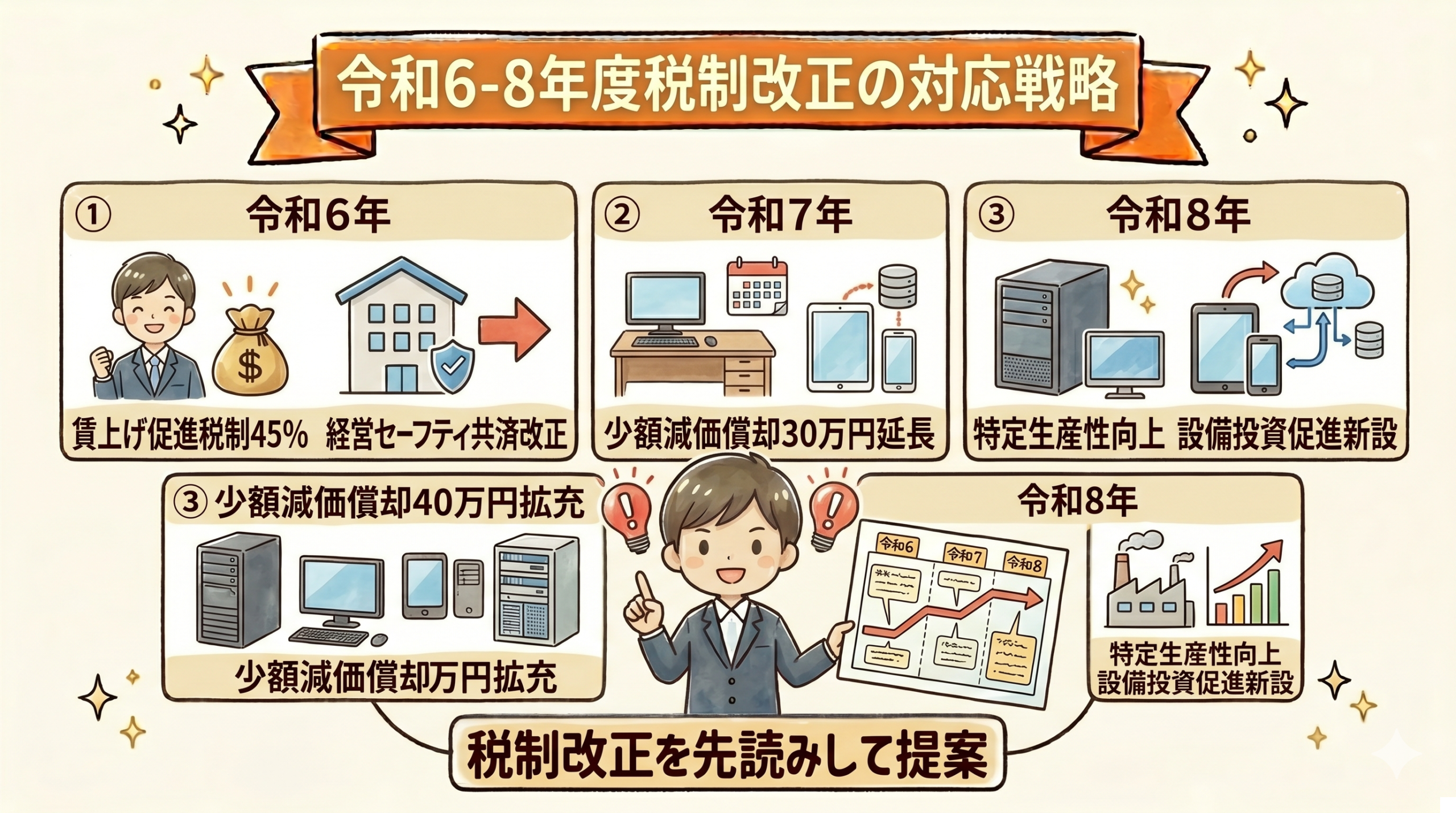 業種別・規模別の決算対策ポイントの要点を整理した図
