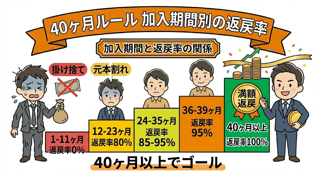 経営セーフティ共済の40ヶ月ルール｜加入期間別の解約手当金返戻率