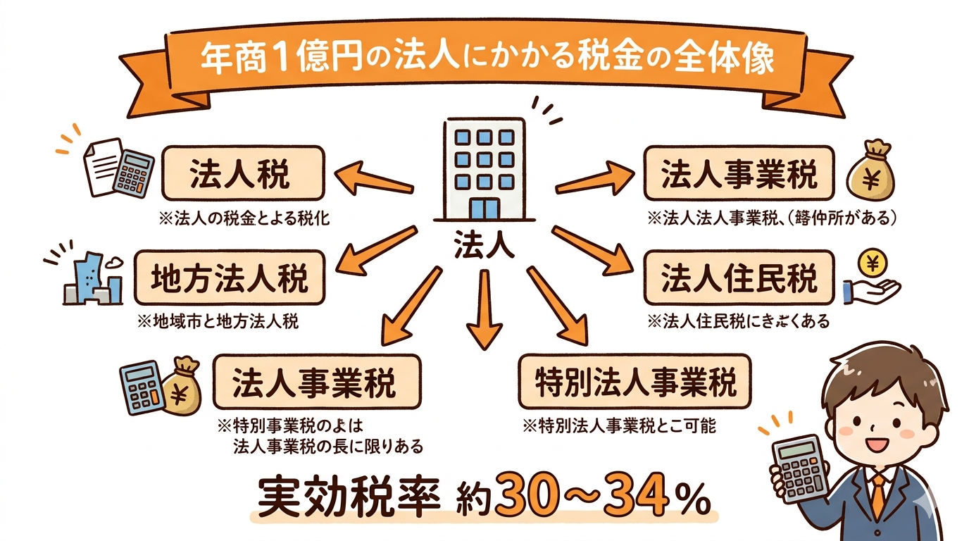 年商1億円の法人にかかる税金の内訳シミュレーション図解