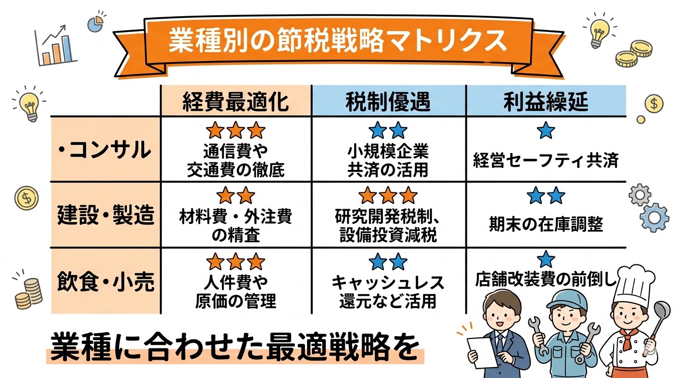 IT・建設・飲食・製造業の業種別節税戦略マトリクス