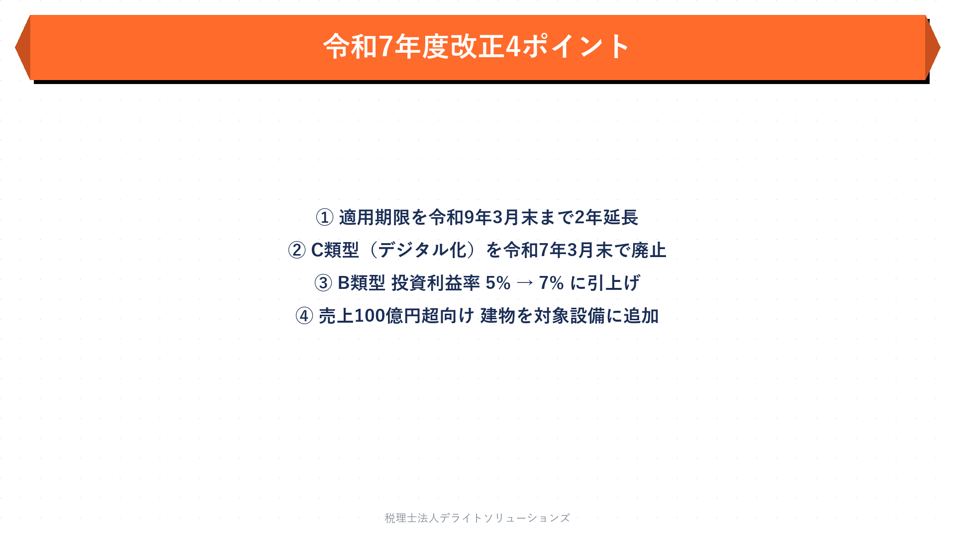 類型別(A/B/D/E)の対象設備と要件(令和7年度改正対応)の要点を整理した図