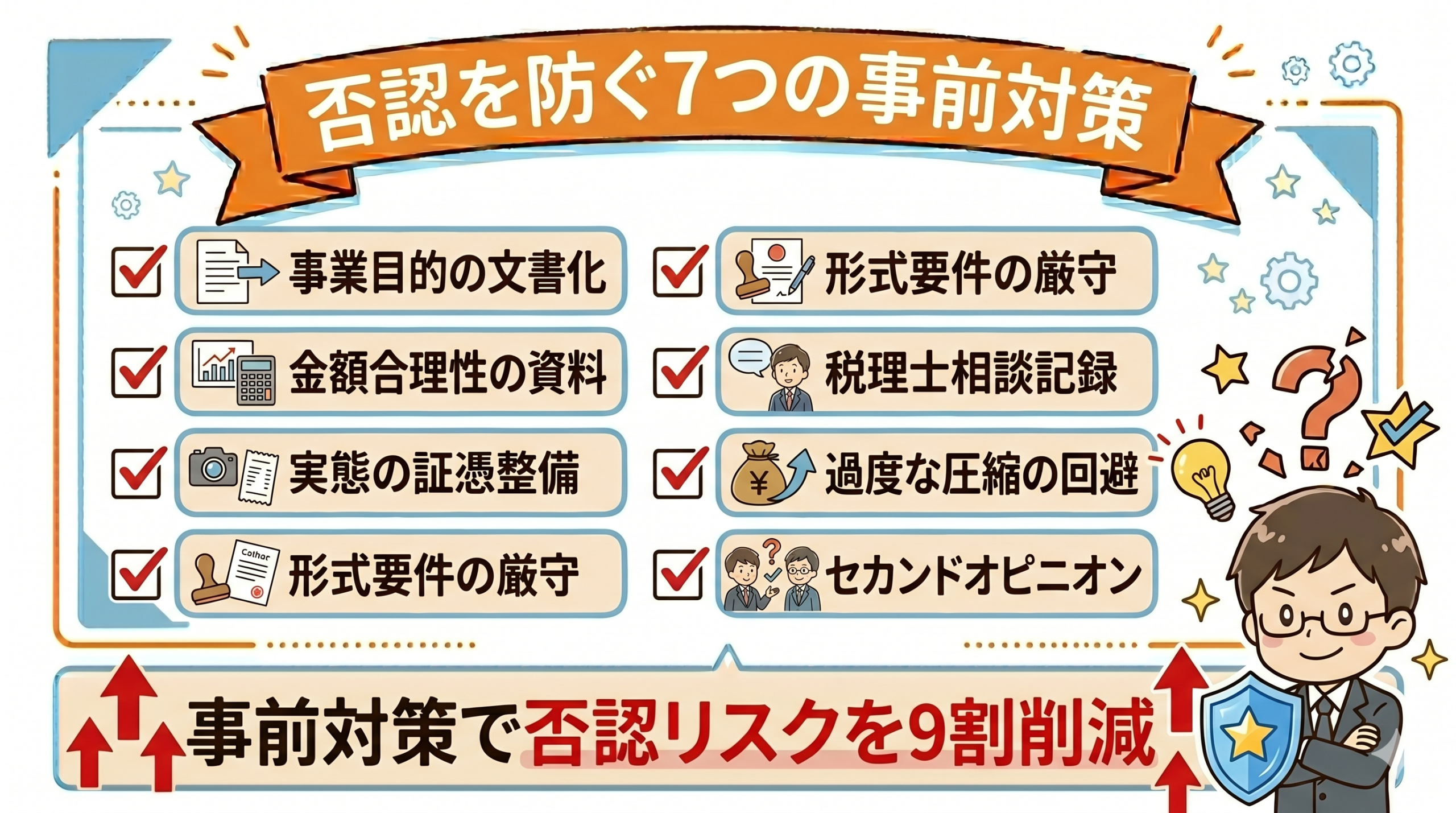経費否認を防ぐ社内運用フローの要点を整理した図