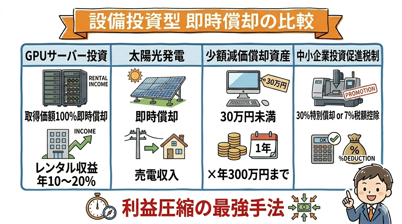 設備投資型節税（GPUサーバー・太陽光・中小企業経営強化税制）の比較
