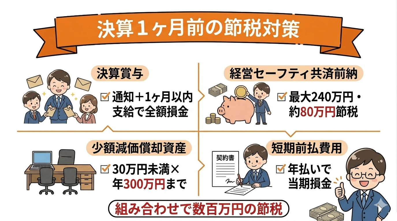 決算1ヶ月前にできる節税（決算賞与・経営セーフティ共済・少額減価償却資産・短期前払費用）