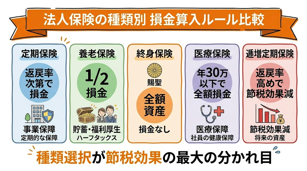 法人保険の種類別損金算入ルール比較（定期・養老・終身・医療・逓増）