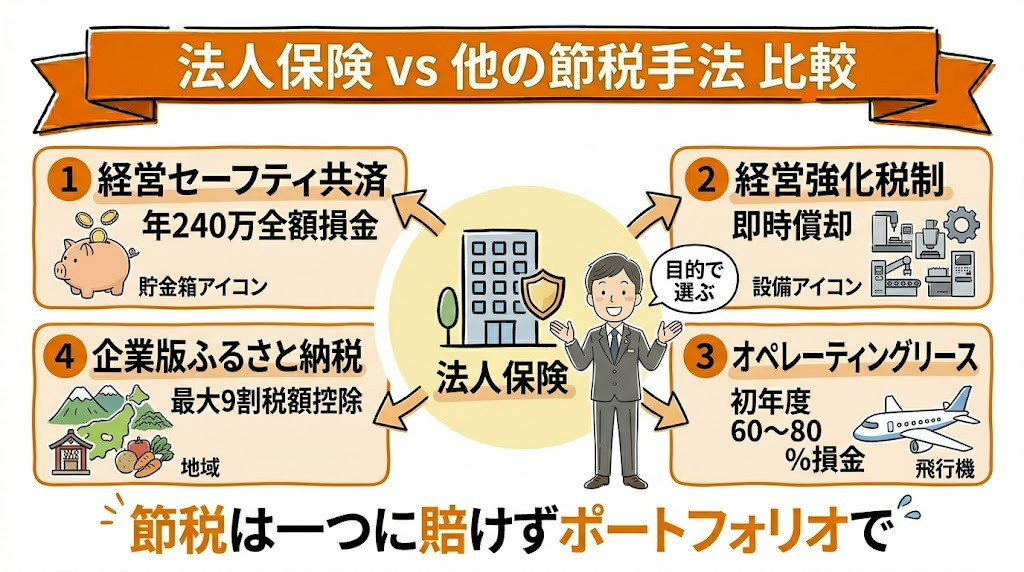 法人保険と他の節税手法の比較（経営セーフティ共済・GPUサーバー・リース等）