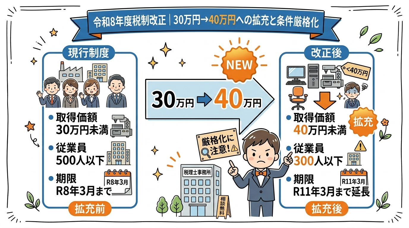 令和8年度税制改正｜30万円→40万円への拡充と条件厳格化の要点を整理した図
