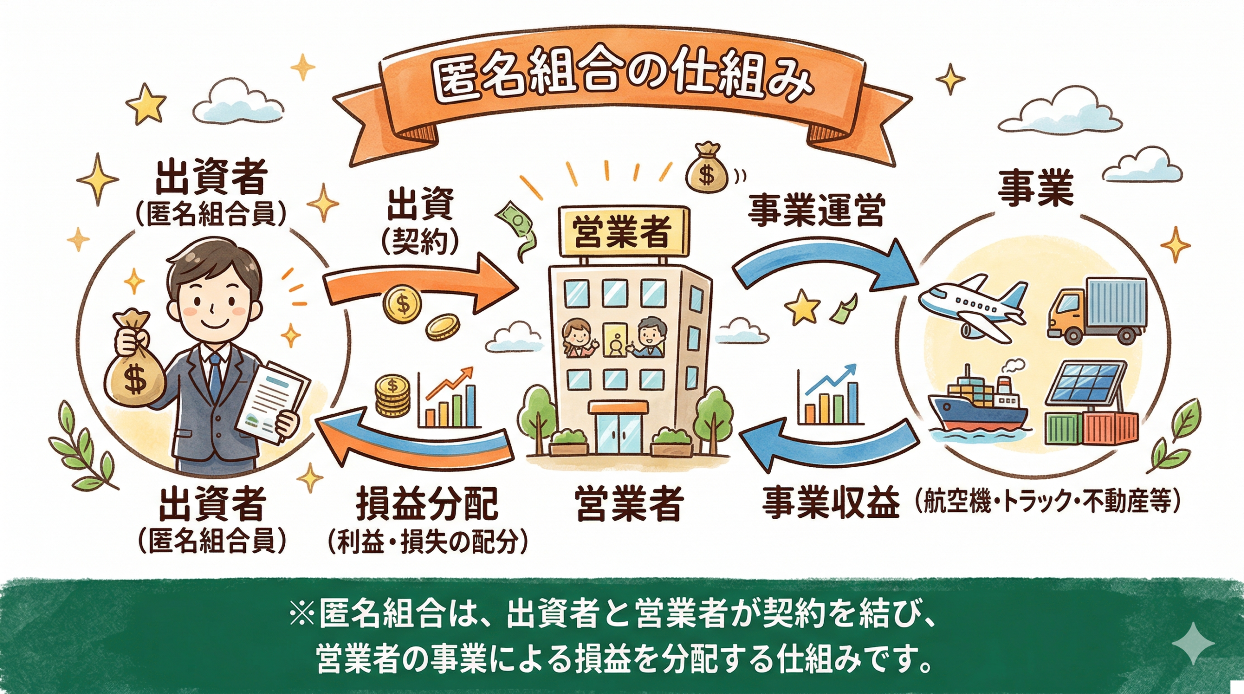 匿名組合の基本的な仕組み:出資者(匿名組合員)と営業者の関係図