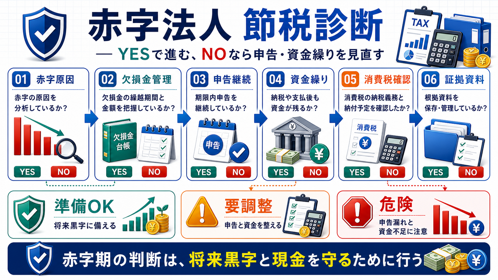 赤字法人の節税と税務対応を赤字原因、欠損金管理、申告継続、資金繰り、消費税、証拠資料で確認する診断図解