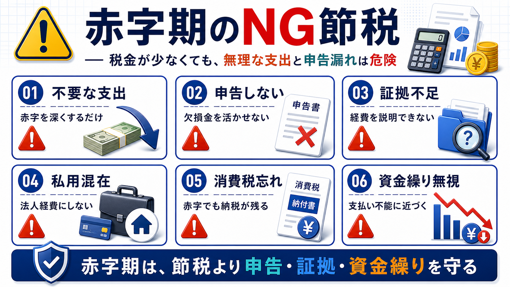 赤字期に避けるべき不要な支出、申告漏れ、証拠不足、私用混在、消費税忘れ、資金繰り無視の図解