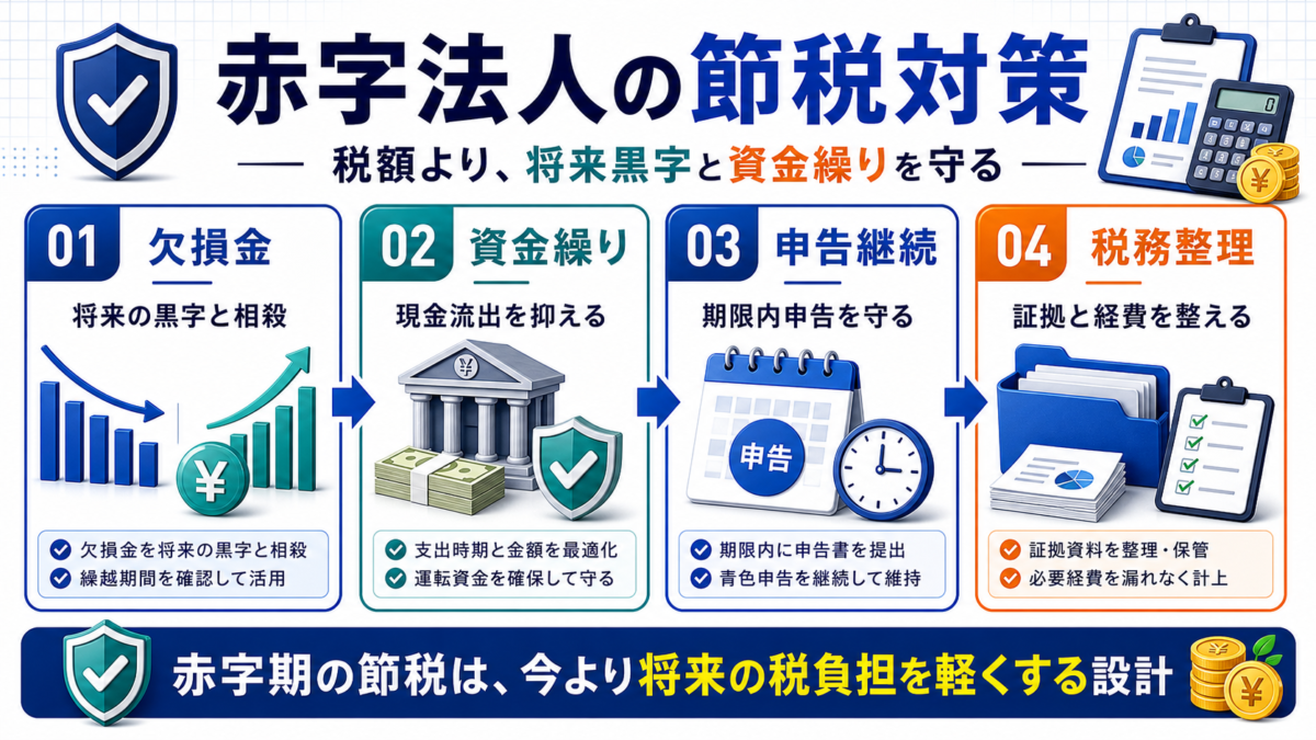赤字法人の節税対策を欠損金、資金繰り、申告継続、税務整理で整理した図解