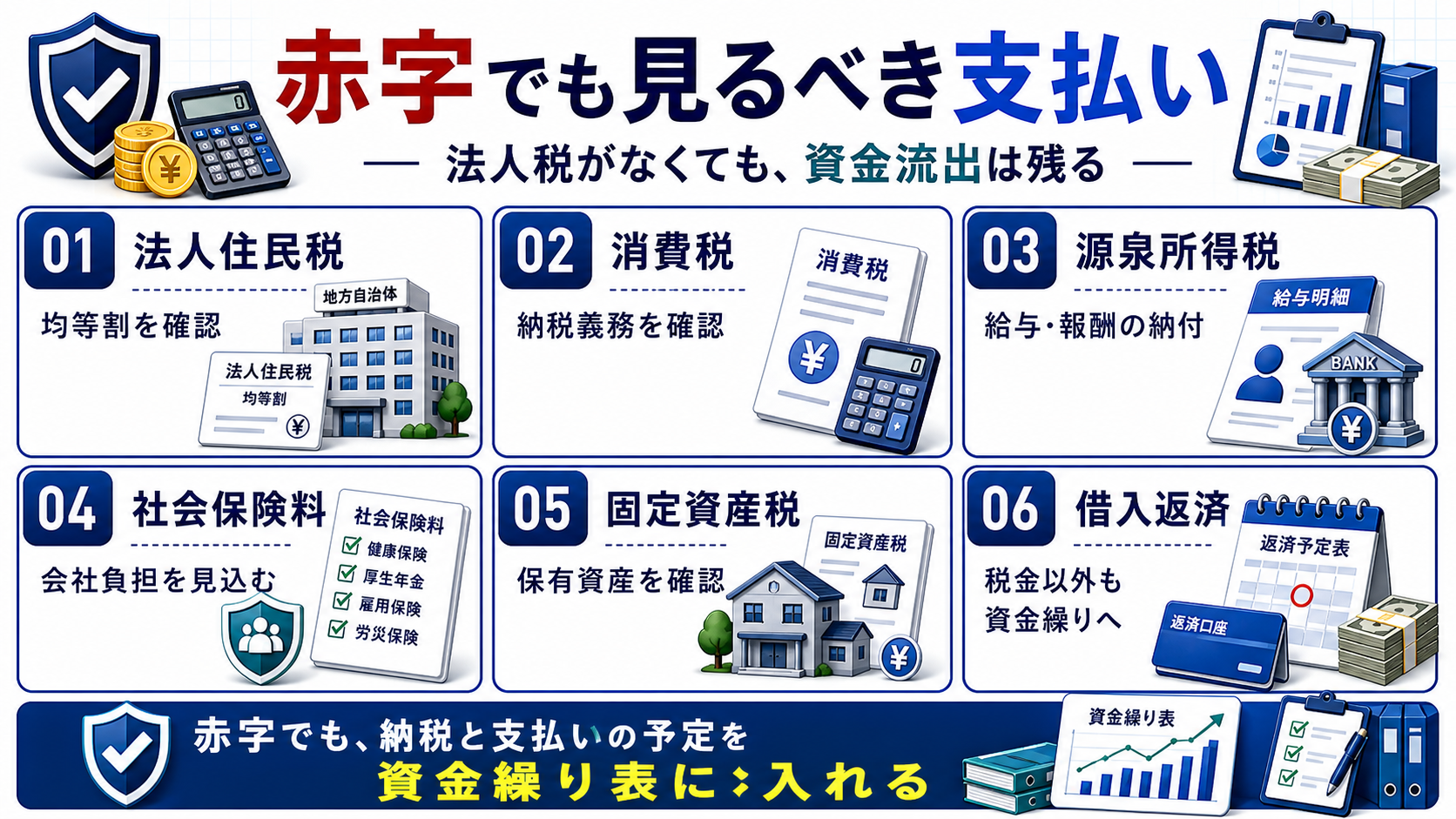赤字法人でも確認すべき法人住民税、消費税、源泉所得税、社会保険料、固定資産税、借入返済の図解