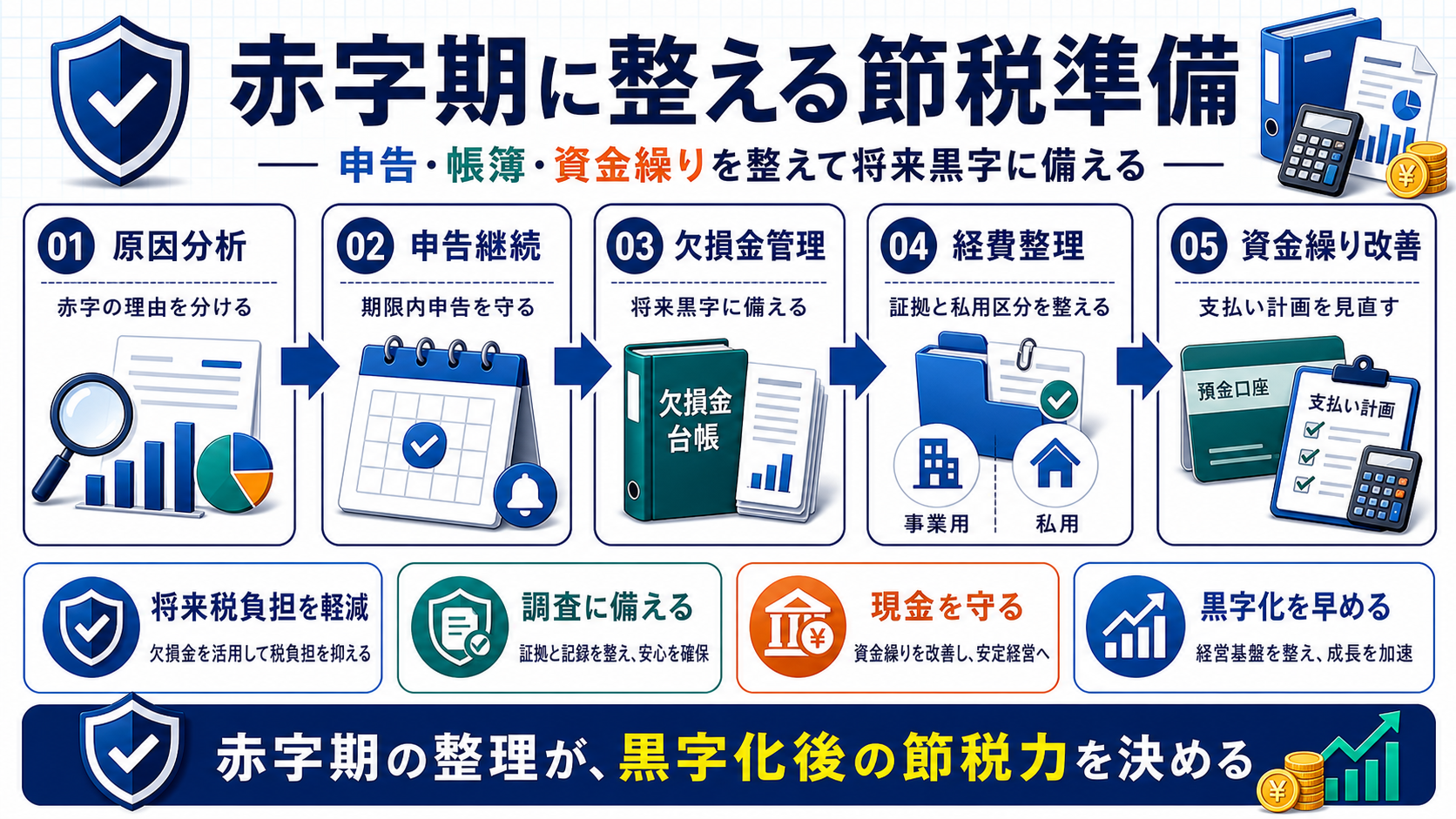 赤字法人が将来黒字に備えて原因分析、申告継続、欠損金管理、経費整理、資金繰り改善を進める手順の図解