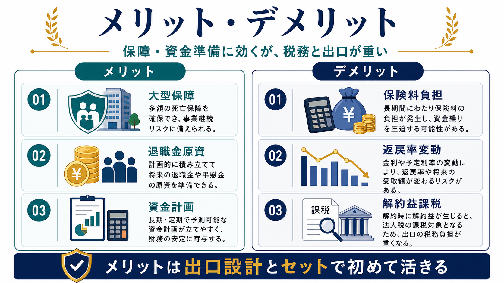 長期平準定期保険のメリットとデメリットとして大型保障、退職金原資、資金計画、保険料負担、返戻率変動、解約益課税を整理した図解