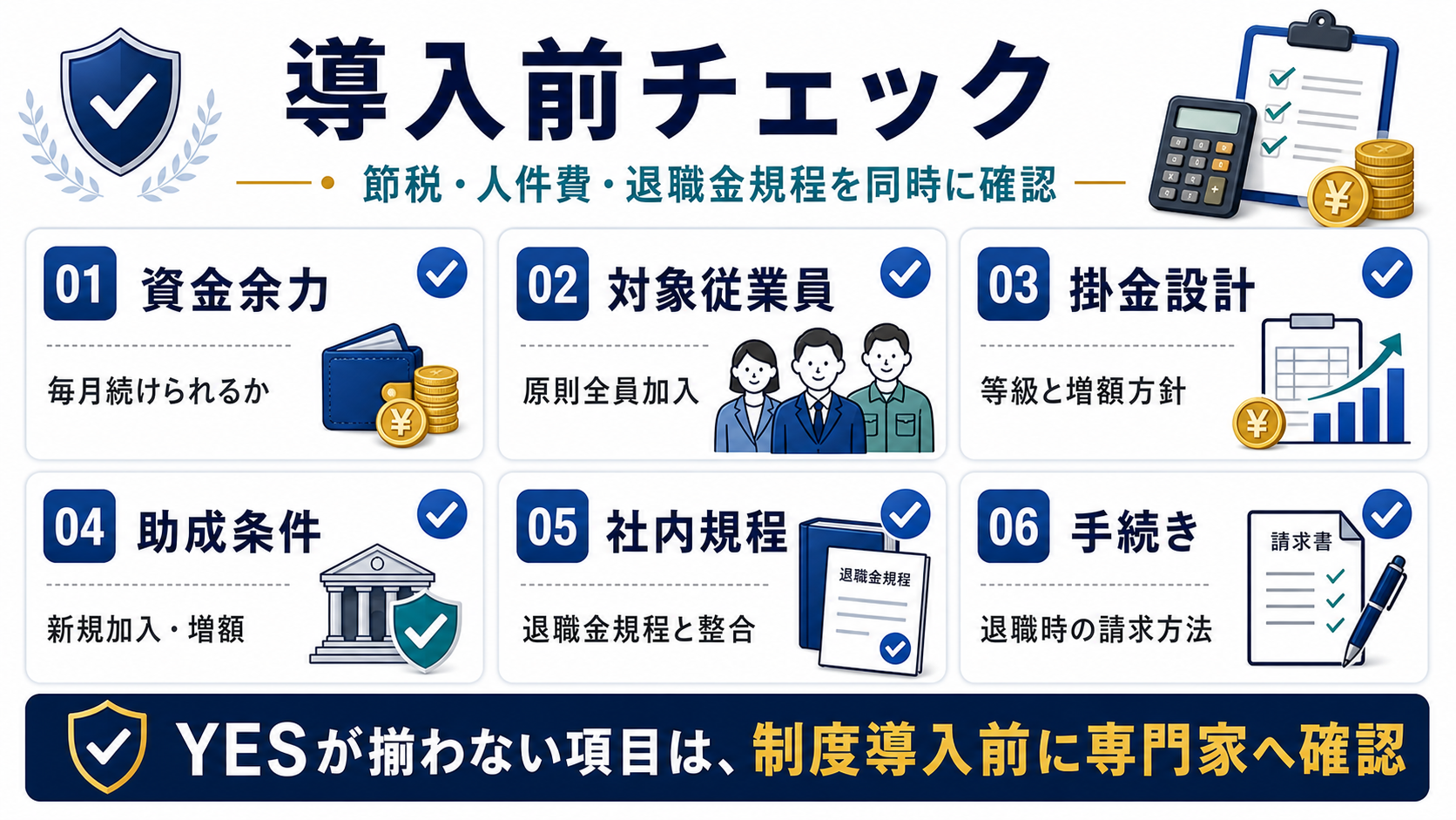 中小企業退職金共済の導入前に、資金余力、対象従業員、掛金設計、助成条件、社内規程、手続きを確認する図解