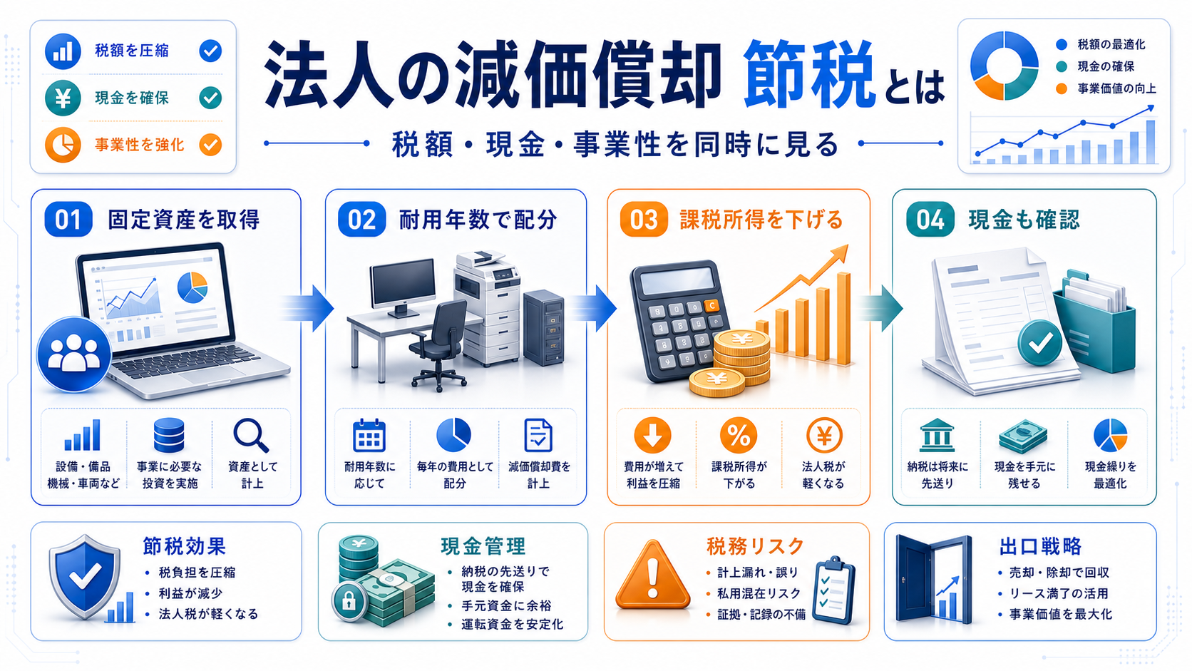 法人の減価償却による節税で確認する損金化、納税後キャッシュ、事業性を整理した図解