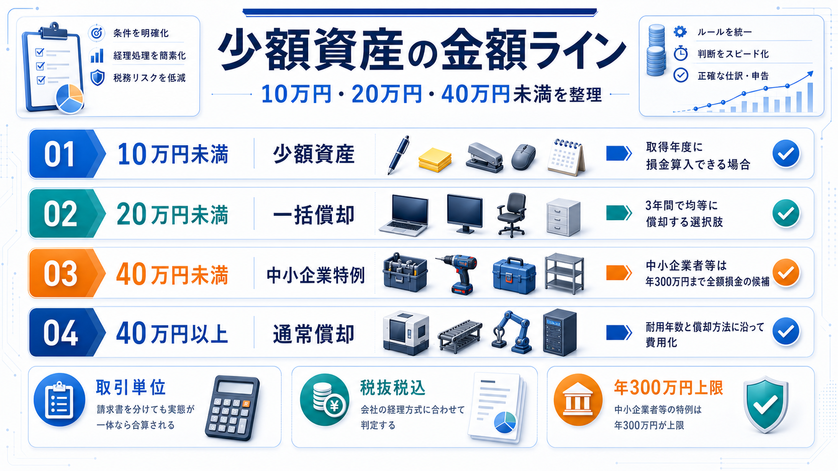 10万円未満、20万円未満、40万円未満、40万円以上で変わる減価償却処理を整理した図解
