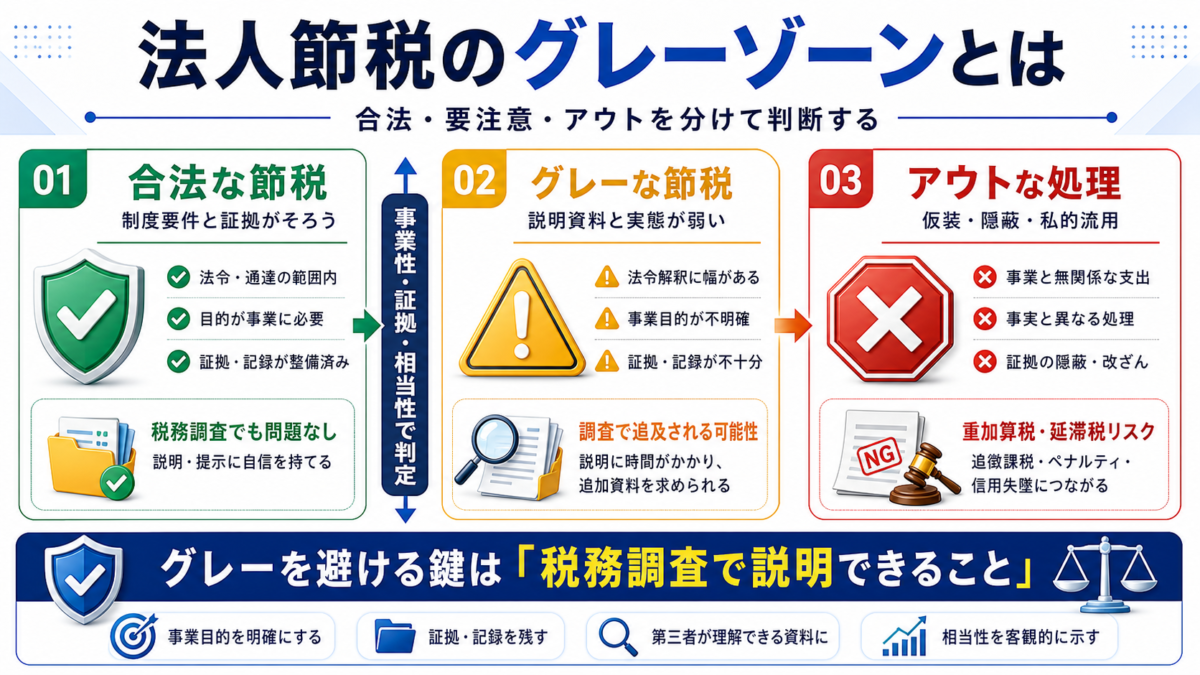 法人節税の合法な節税、グレーな節税、アウトな処理を事業性、証拠、相当性で比較した図解
