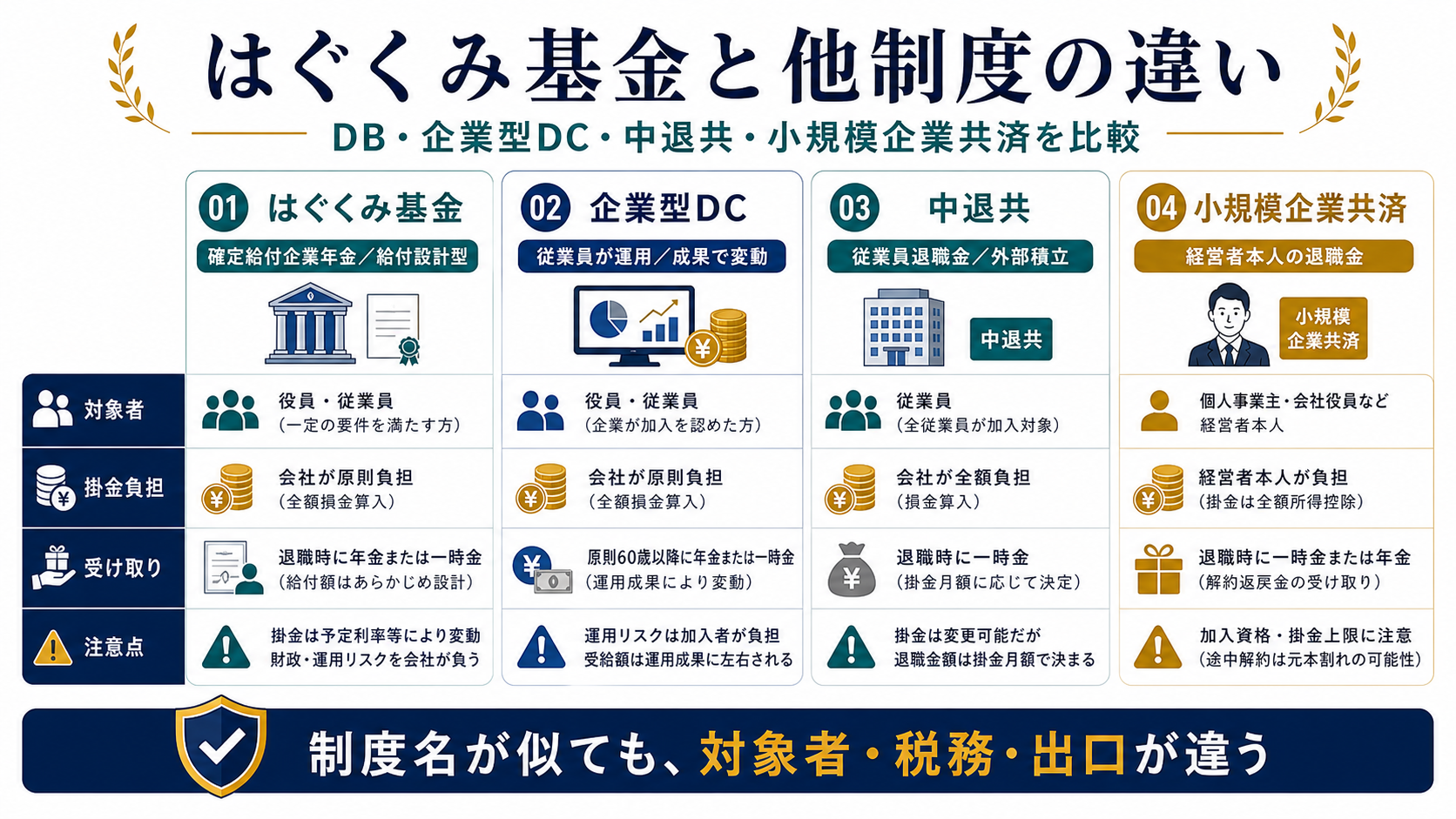 はぐくみ基金、企業型DC、中退共、小規模企業共済の対象者、税務、受け取り、注意点を比較した図解