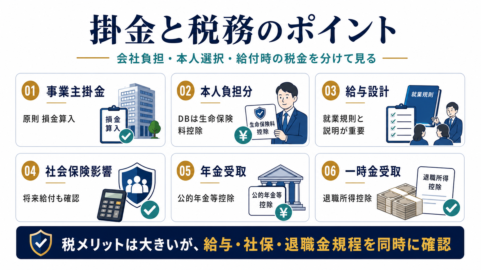 はぐくみ基金の掛金と税務として事業主掛金、本人負担分、給与設計、社会保険影響、年金受取、一時金受取を整理した図解