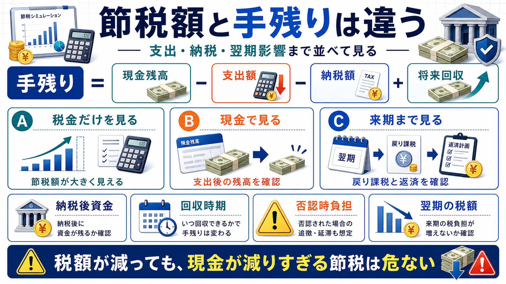節税額と手残りは違うの要点を整理した図