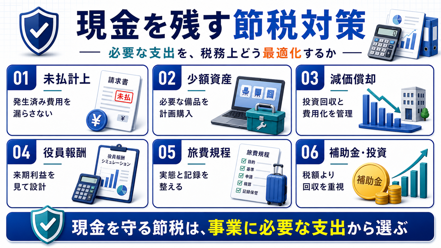 現金を残しやすい法人節税対策の要点を整理した図