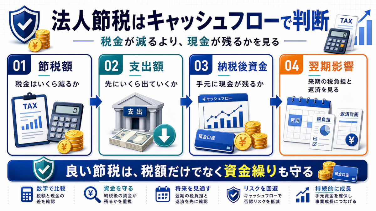 法人節税を節税額、支出額、納税後資金、翌期影響で判断するキャッシュフロー図解