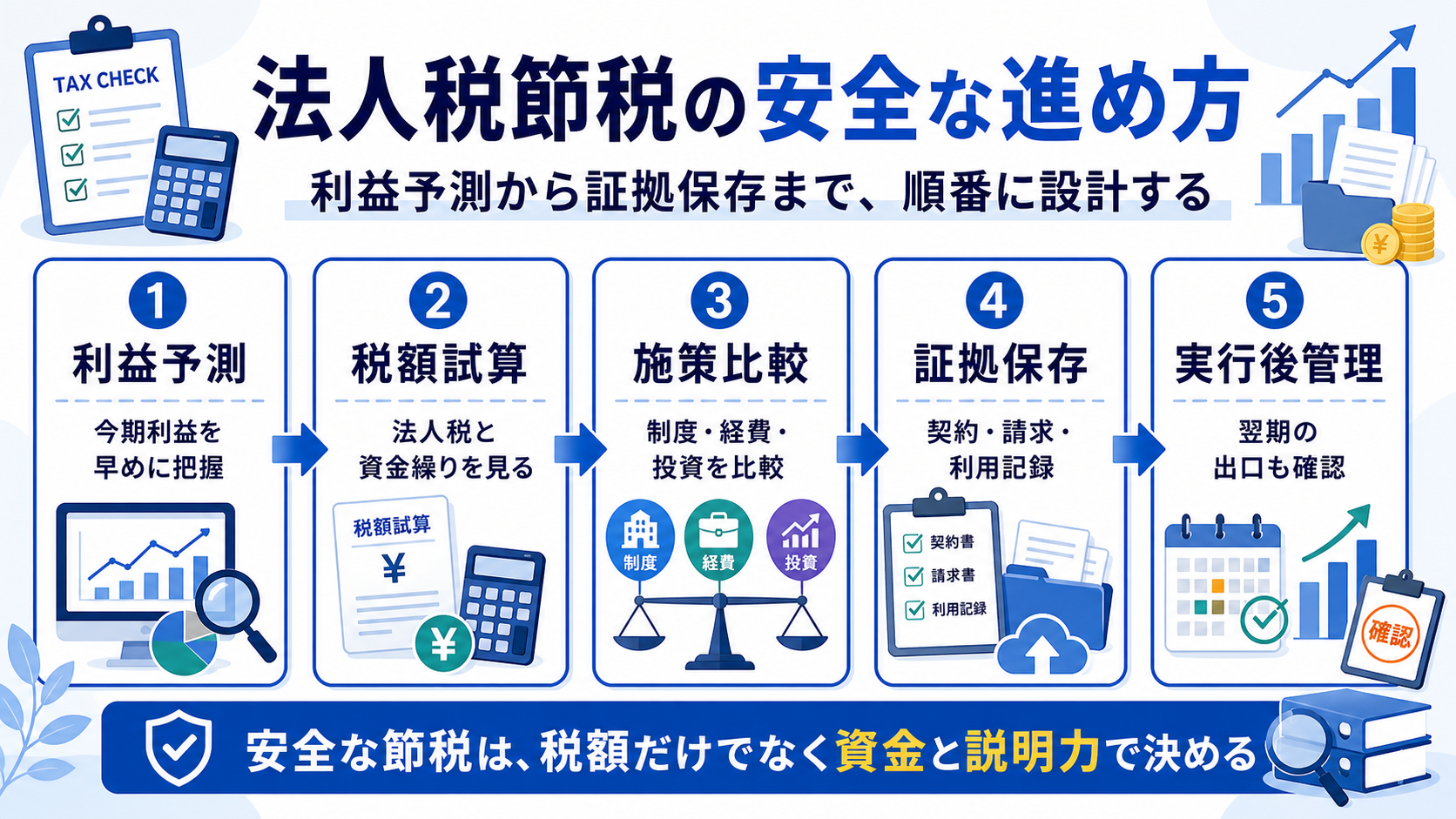 利益予測、税額試算、施策比較、証拠保存、実行後管理で安全に法人税節税を進める図解