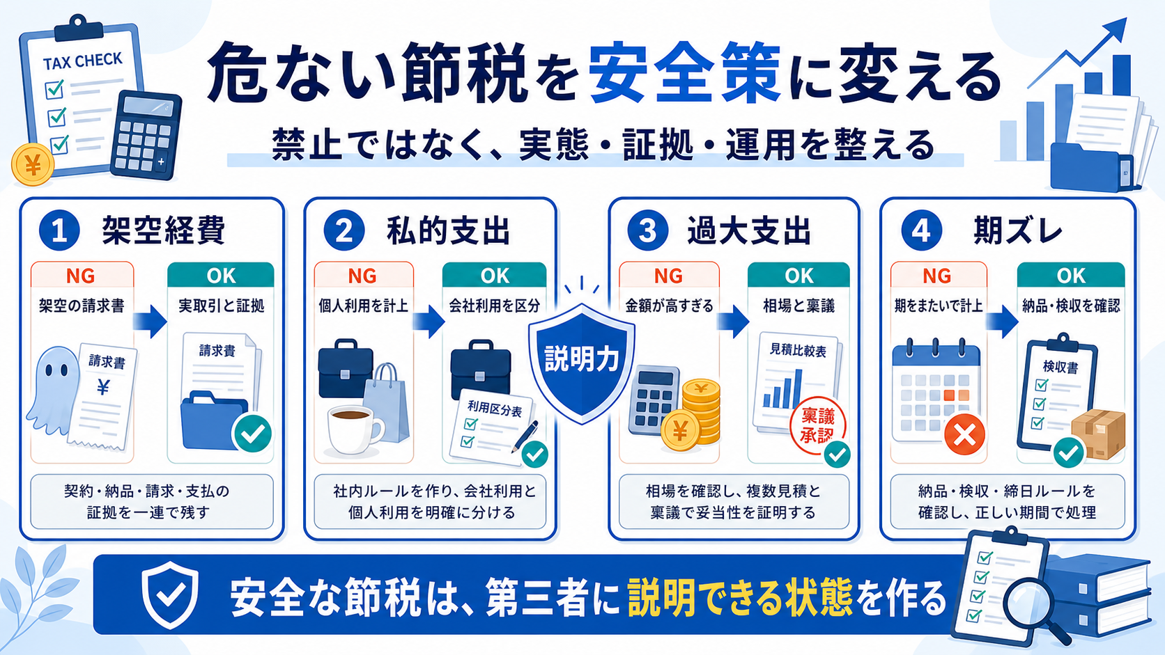 架空経費、私的支出、過大支出、期ズレを安全な節税策へ変える図解