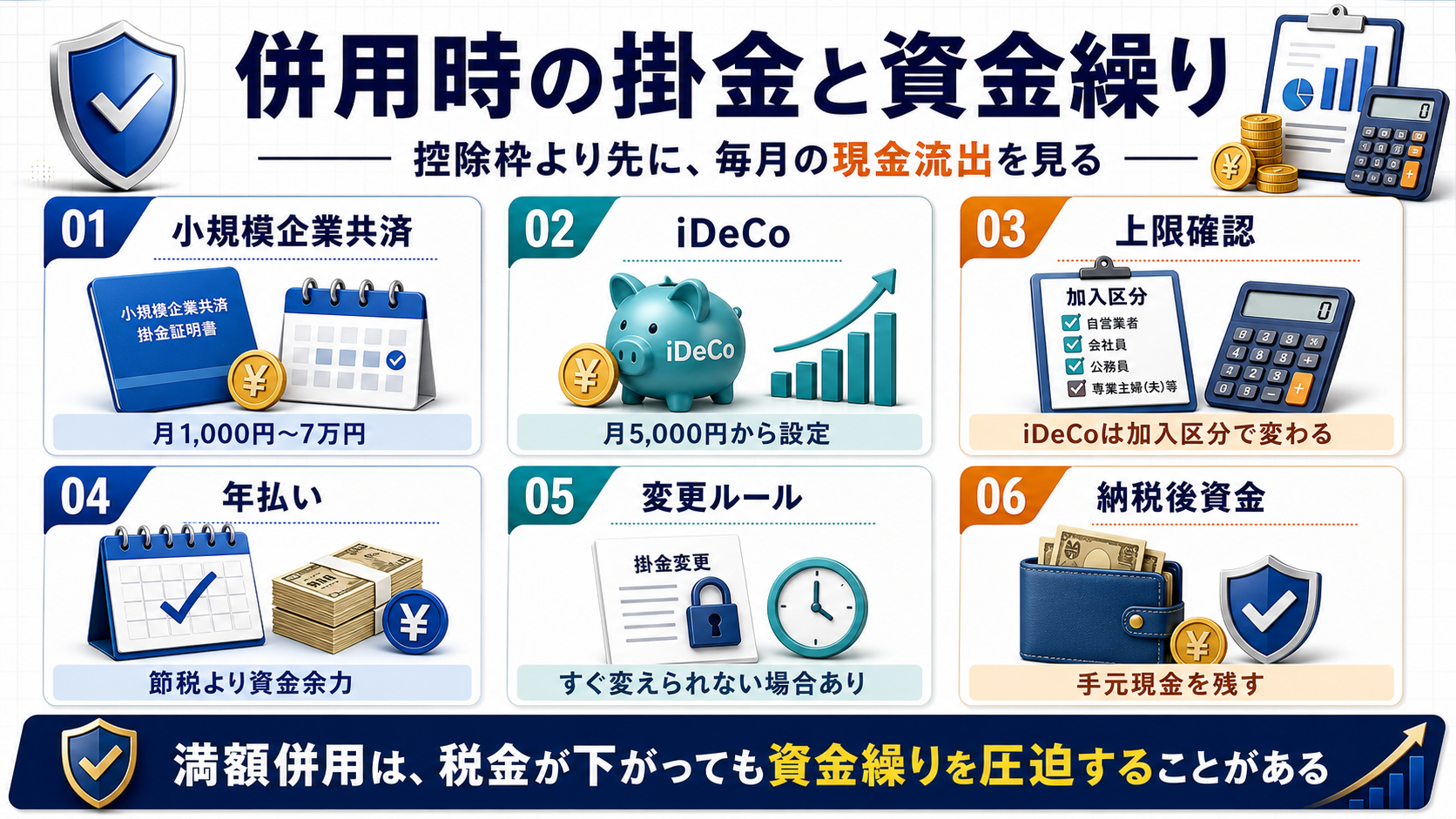 iDeCoと小規模企業共済の併用時に、掛金上限、年払い、変更ルール、納税後資金を確認する図解