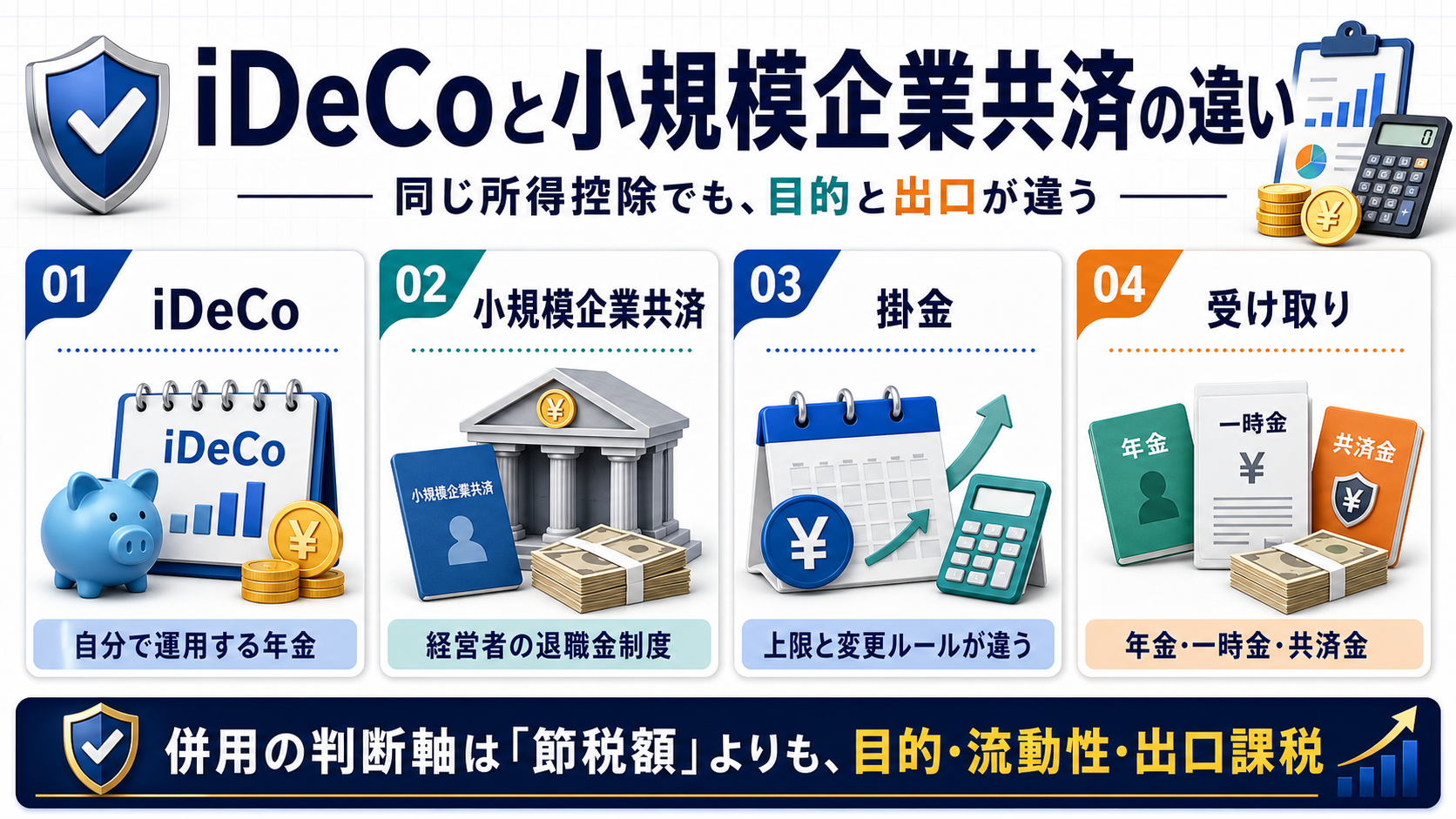 iDeCoと小規模企業共済の目的、掛金、受け取り、出口課税の違いを比較した図解