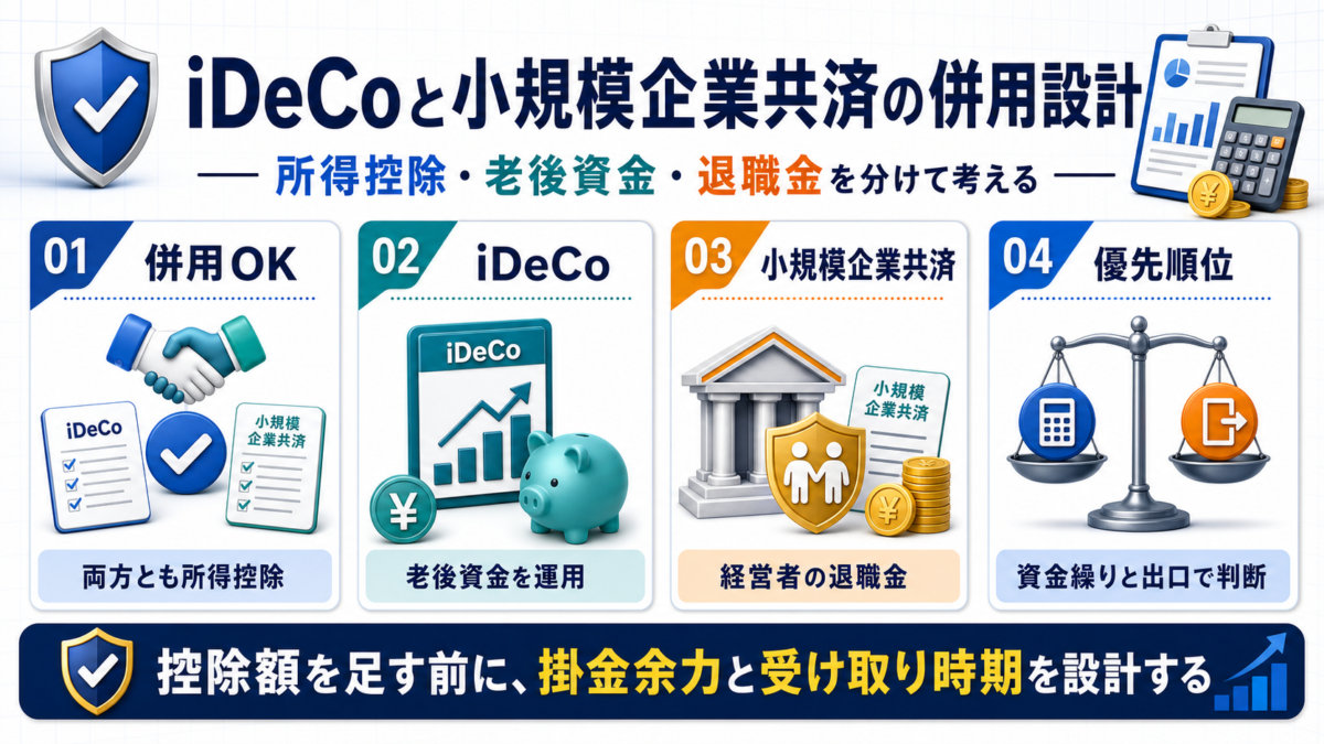 iDeCoと小規模企業共済の併用を、所得控除、老後資金、退職金、優先順位で整理した図解