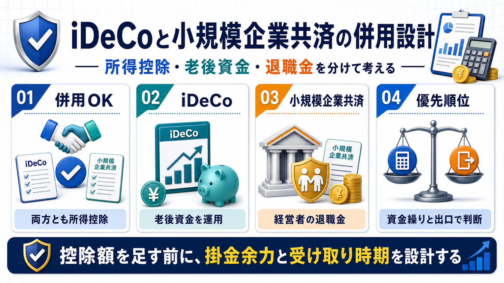 iDeCoと小規模企業共済の併用を、所得控除、老後資金、退職金、優先順位で整理した図解