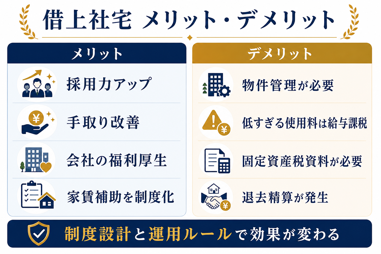 借上社宅のメリットは家賃負担軽減でデメリットは管理負担の要点を整理した図