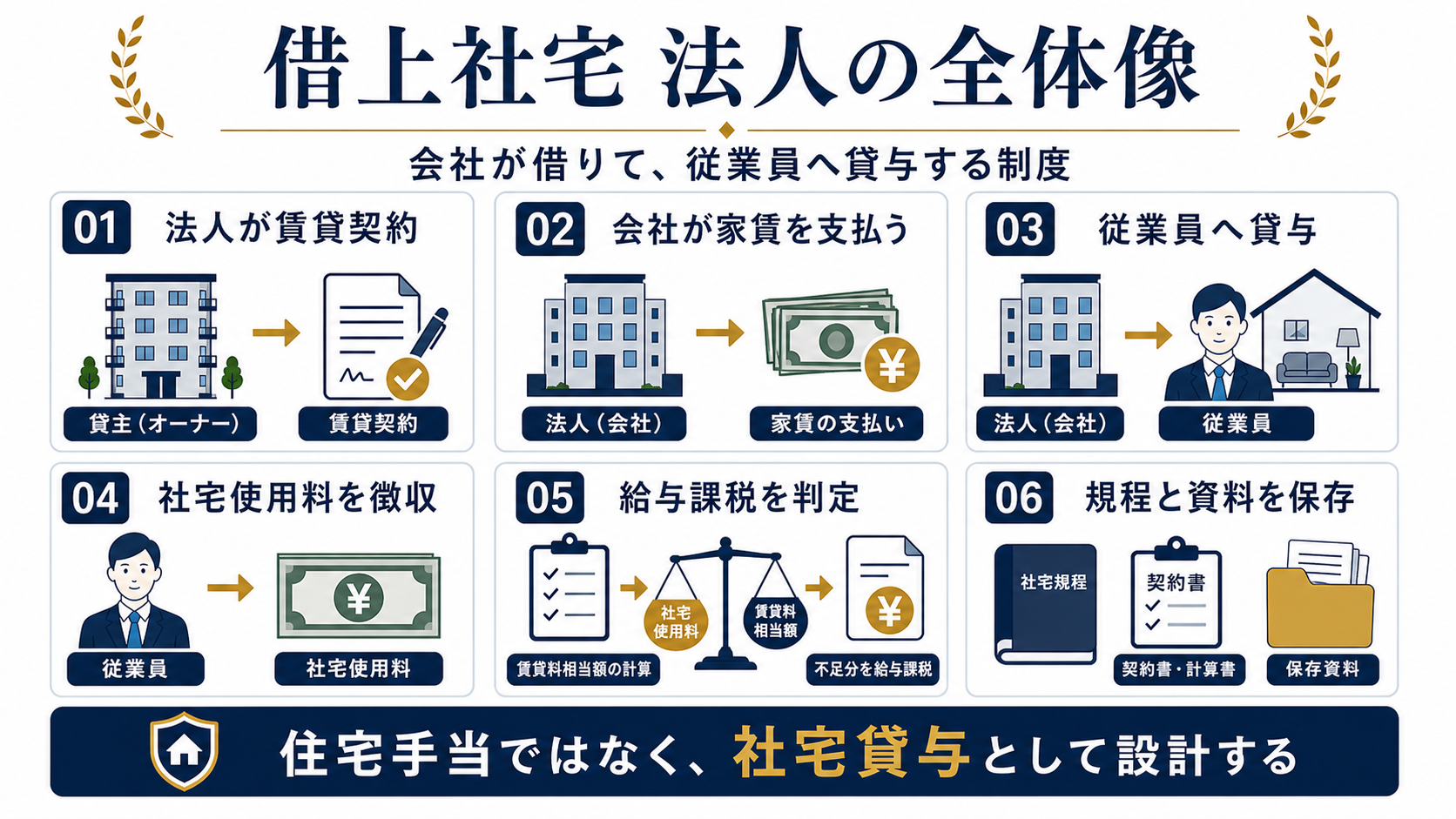 借上社宅を法人で導入する全体像として法人賃貸契約、会社家賃支払い、従業員貸与、社宅使用料、給与課税、規程保存を整理した図解