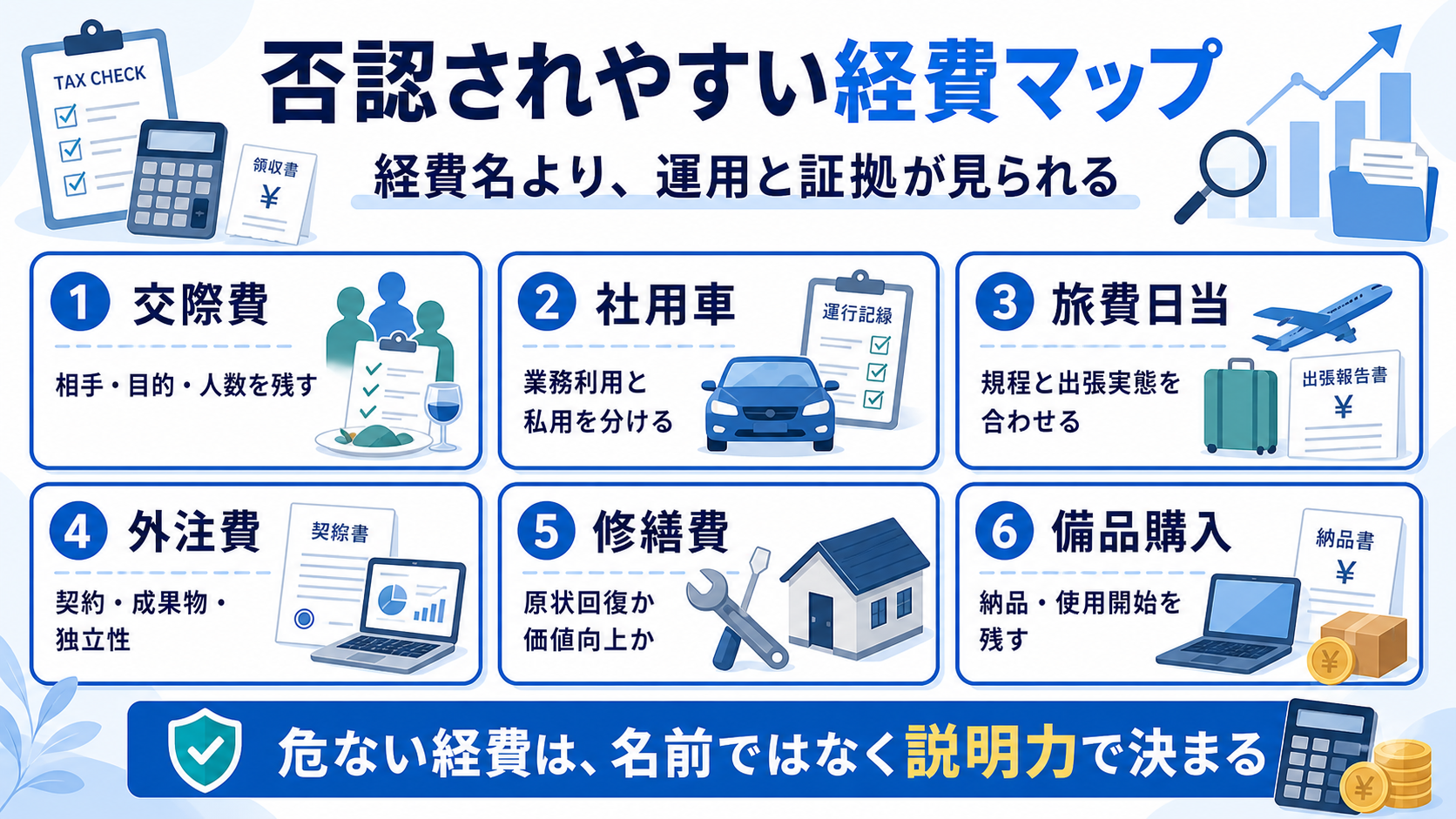 交際費、社用車、旅費日当、外注費、修繕費、備品購入など否認されやすい経費を整理した図解