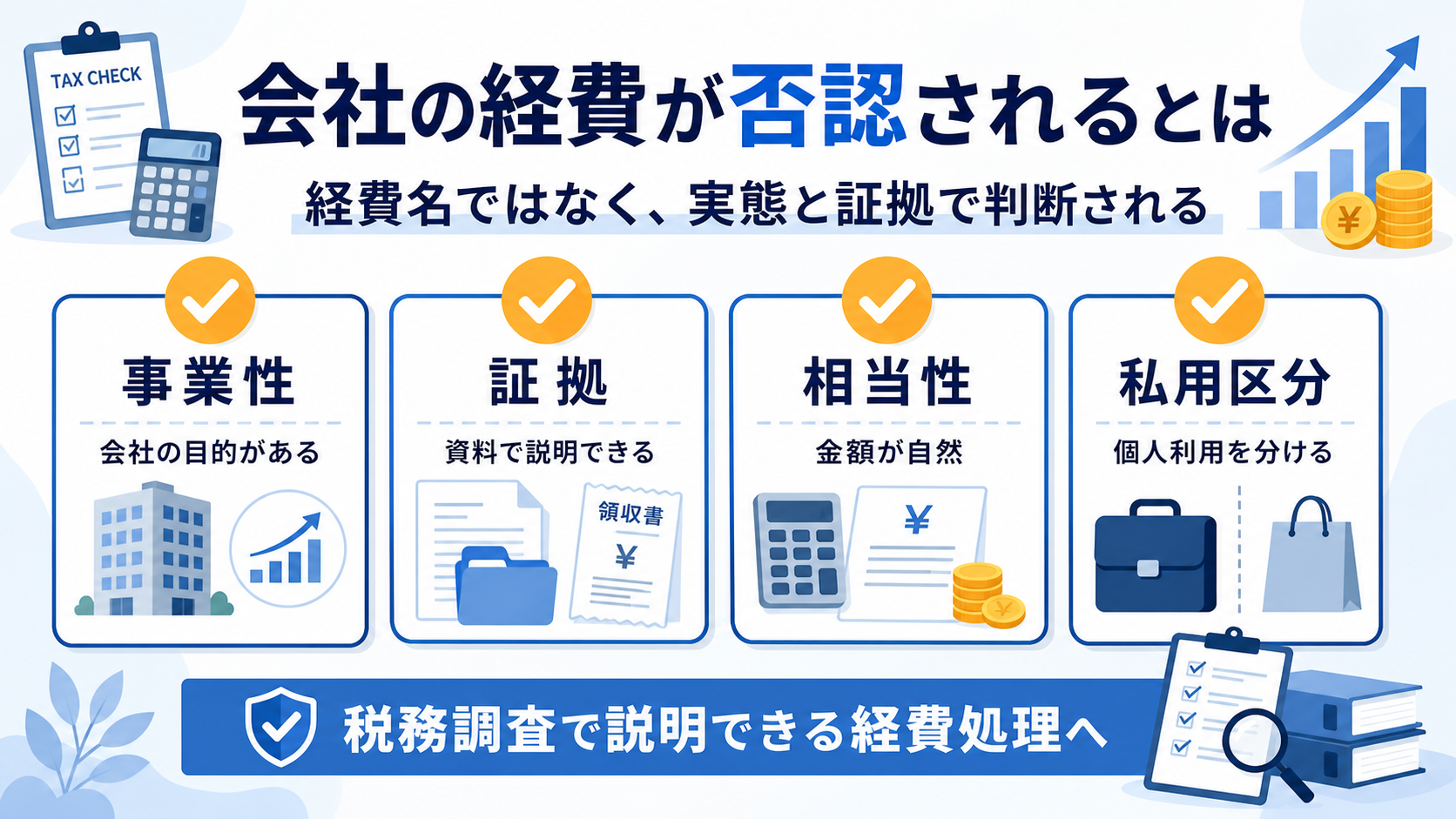 会社の経費が否認される理由を事業性、証拠、相当性、私用区分、期ズレで整理した図解