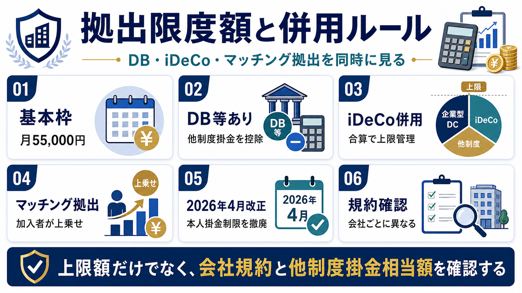 企業型DCの拠出限度額とDBやiDeCo、マッチング拠出、2026年4月改正、規約確認を整理した図解