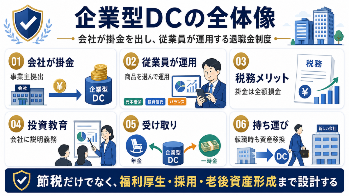 企業型DCの全体像として会社掛金、従業員の運用、税務メリット、投資教育、受け取り、持ち運びを整理した図解