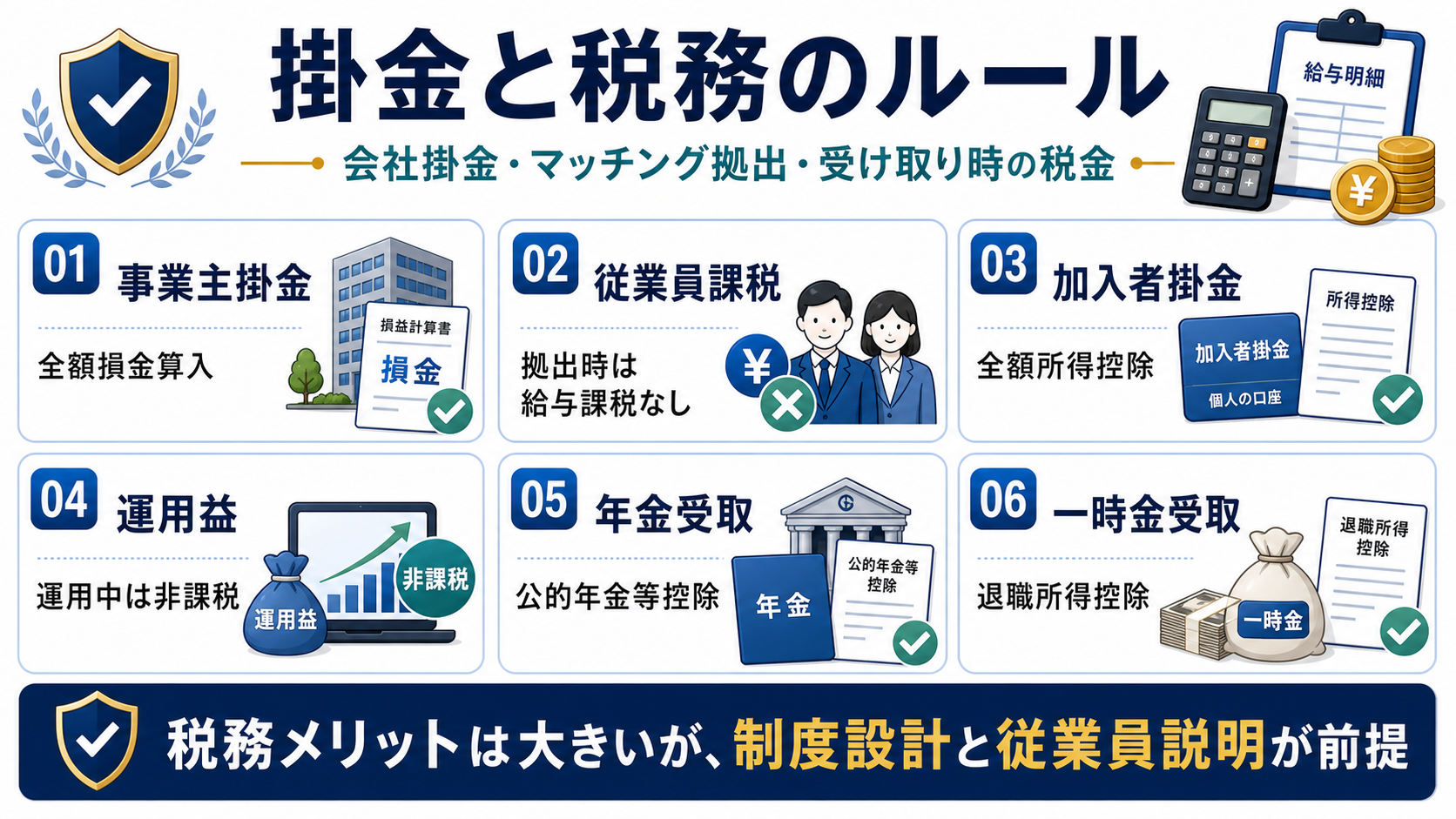 企業型DCの掛金と税務ルールとして事業主掛金、従業員課税、加入者掛金、運用益、年金受取、一時金受取を整理した図解