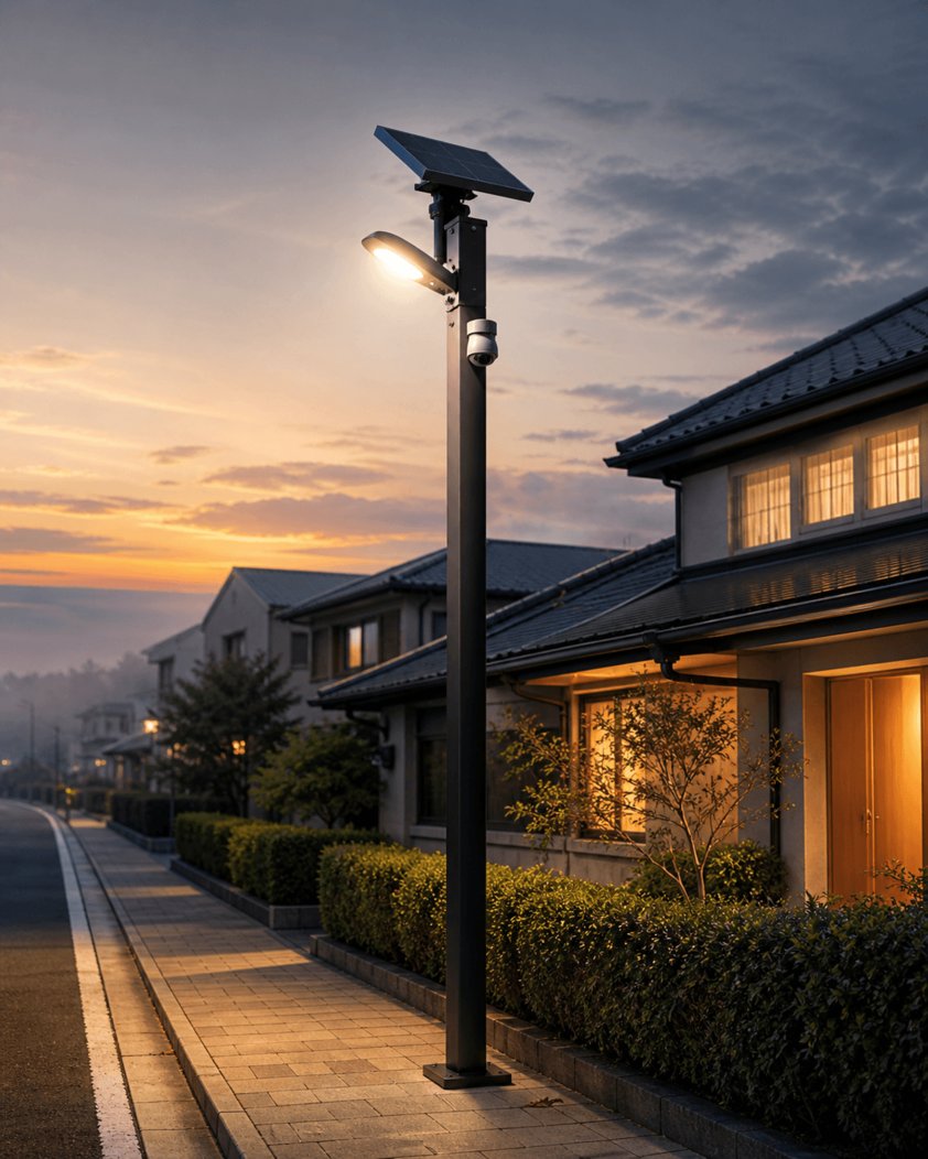 夕暮れの住宅街を見守る Migration Light の防災防犯ソーラー街灯